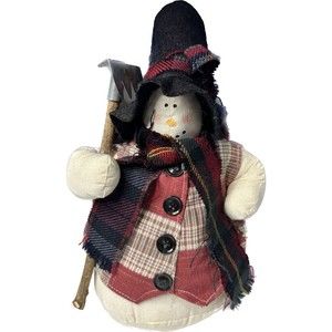 Primitive Rustic Stuffed Snowman Plaid with Shovel Scarf Buttons Vest Christmas